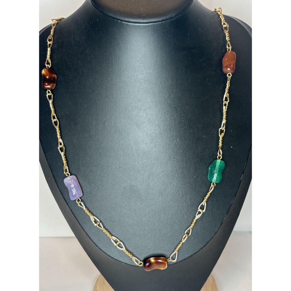 Vintage 28" Gold Tone Twisted Link Necklace Colorful Glass Beads Statement